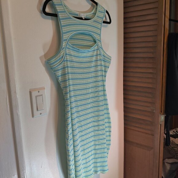 Ultra Flirt Dress Knit, Cut Out at chest in a stretchy Aqua and White Fabric 1X - Picture 2 of 5